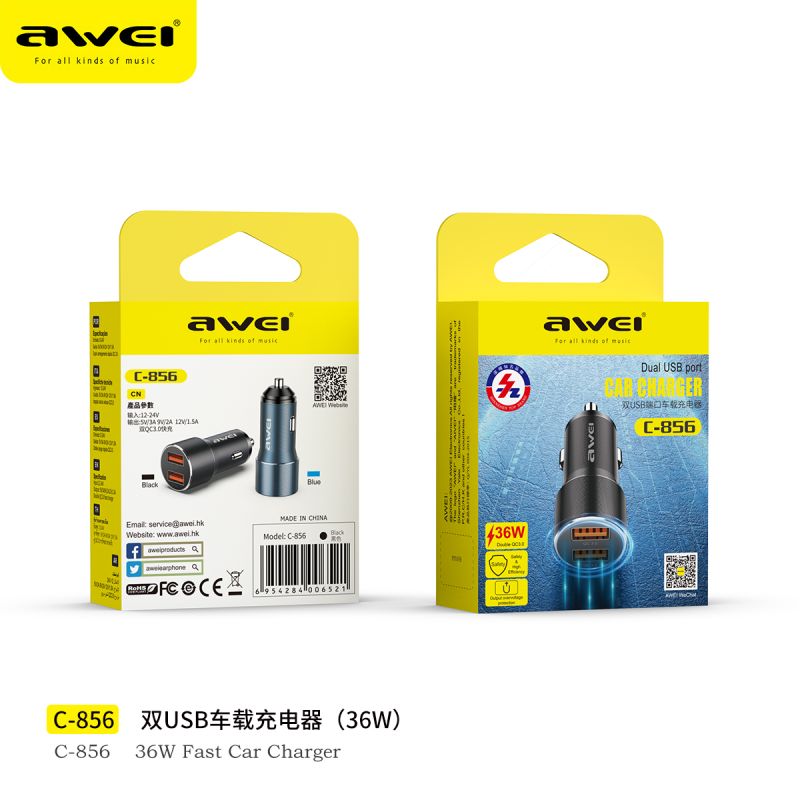 AWEI 36W Dual Fast Car Charger C-856
