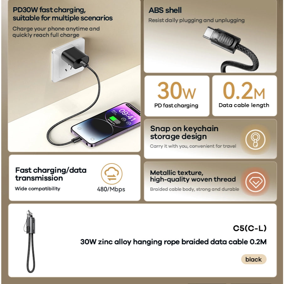 REMAX Zinc alloy Hanging Rope Braided data cable 0.2M C6(C-C) 65W