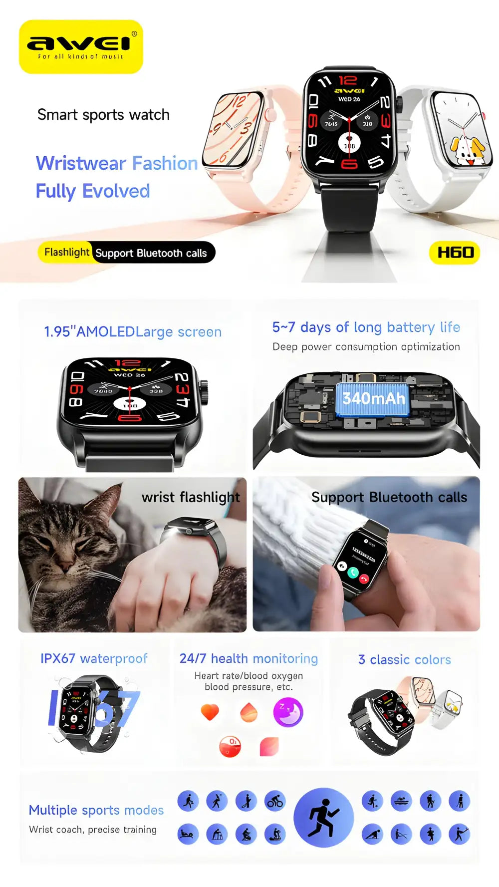 AWEI H60 Bluetooth Call Smartwatch