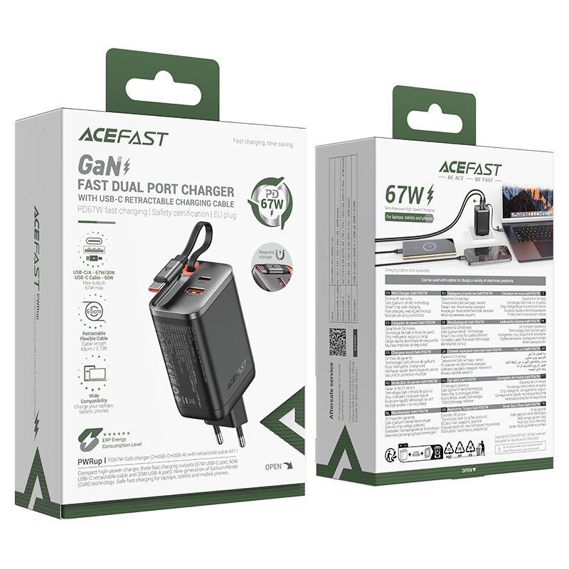 ACEFAST A111 PD67W GaN Charger(2*USB-C+USB-A) With Retractable Cable