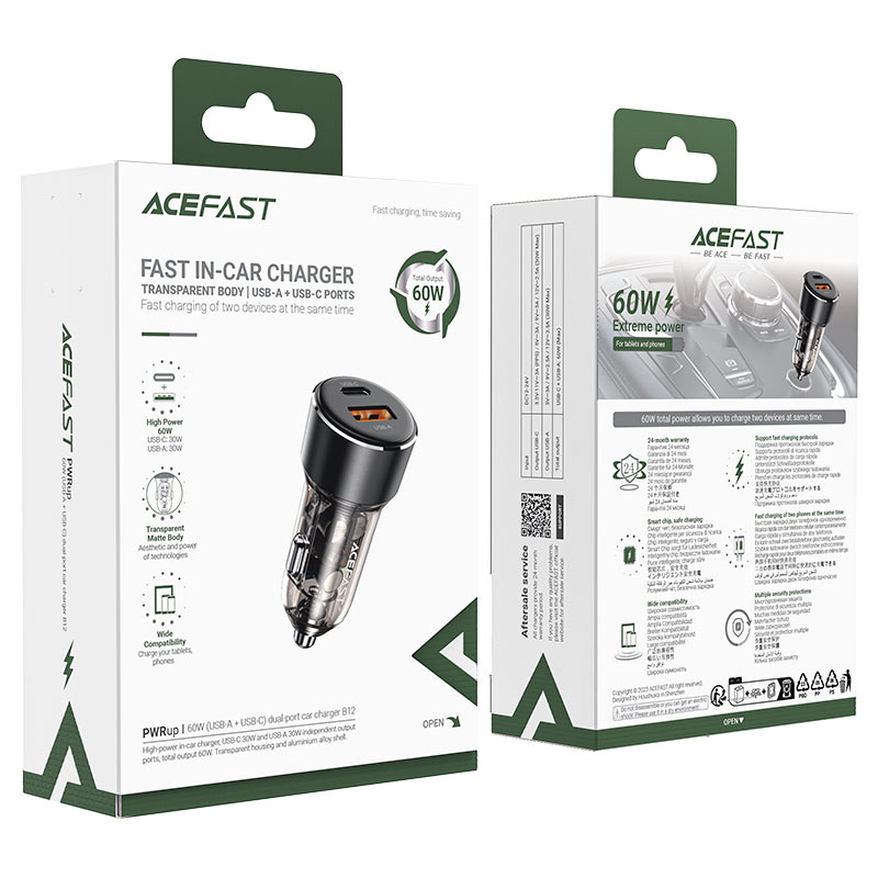 ACEFAST Fast Charge Car Charger B12 60W (1xUSB-C + 1xUSB-A)