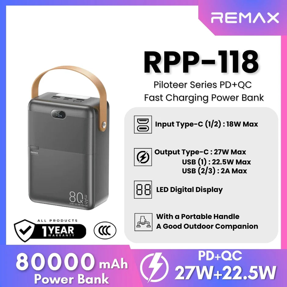 REMAX POWER BANK RPP-118 27W 22.5WPD+QC 80000mAh