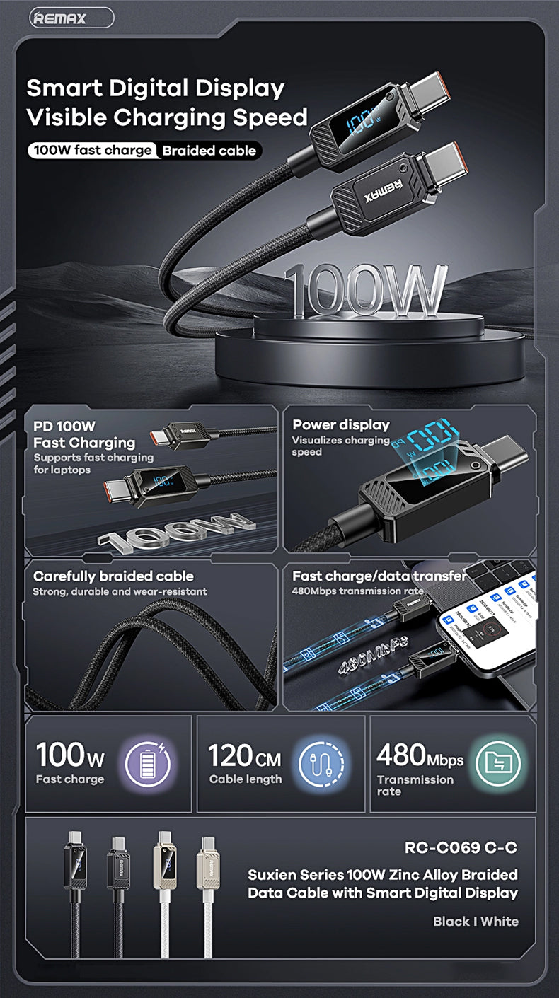 REMAX Display Cable 100W USB C to C 1.2m RC-C069