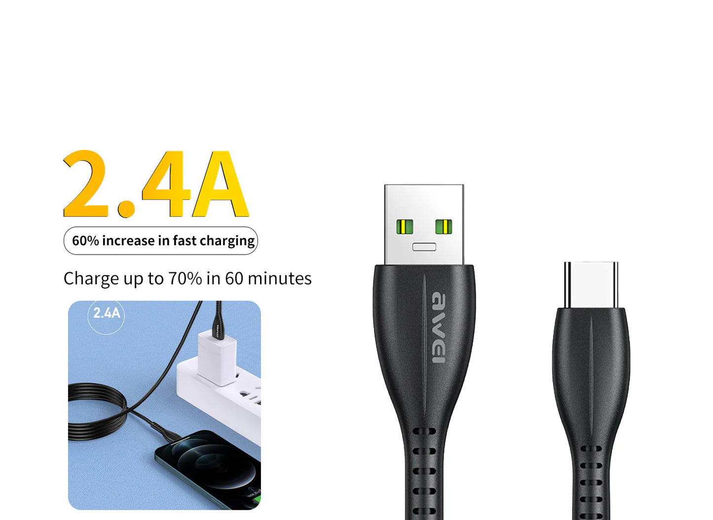 awei Data Cable for Type-C 2.4A Fast Charging Cable CL-115T