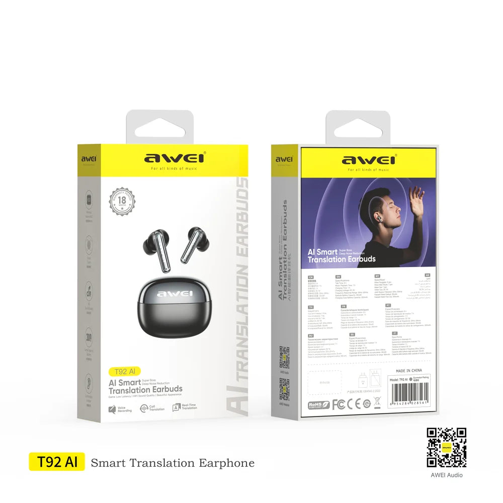 AWEI T92 Ai Earphone (Smart Translation Audio, Clear Calls)