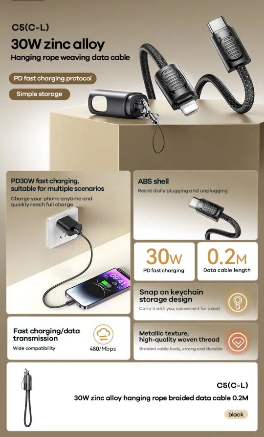 REMAX Zinc alloy Hanging Rope Braided   data cable 0.2M C5 C5(C-L)  30W