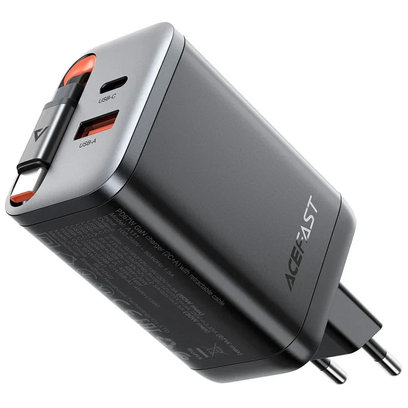 ACEFAST A111 PD67W GaN Charger(2*USB-C+USB-A) With Retractable Cable