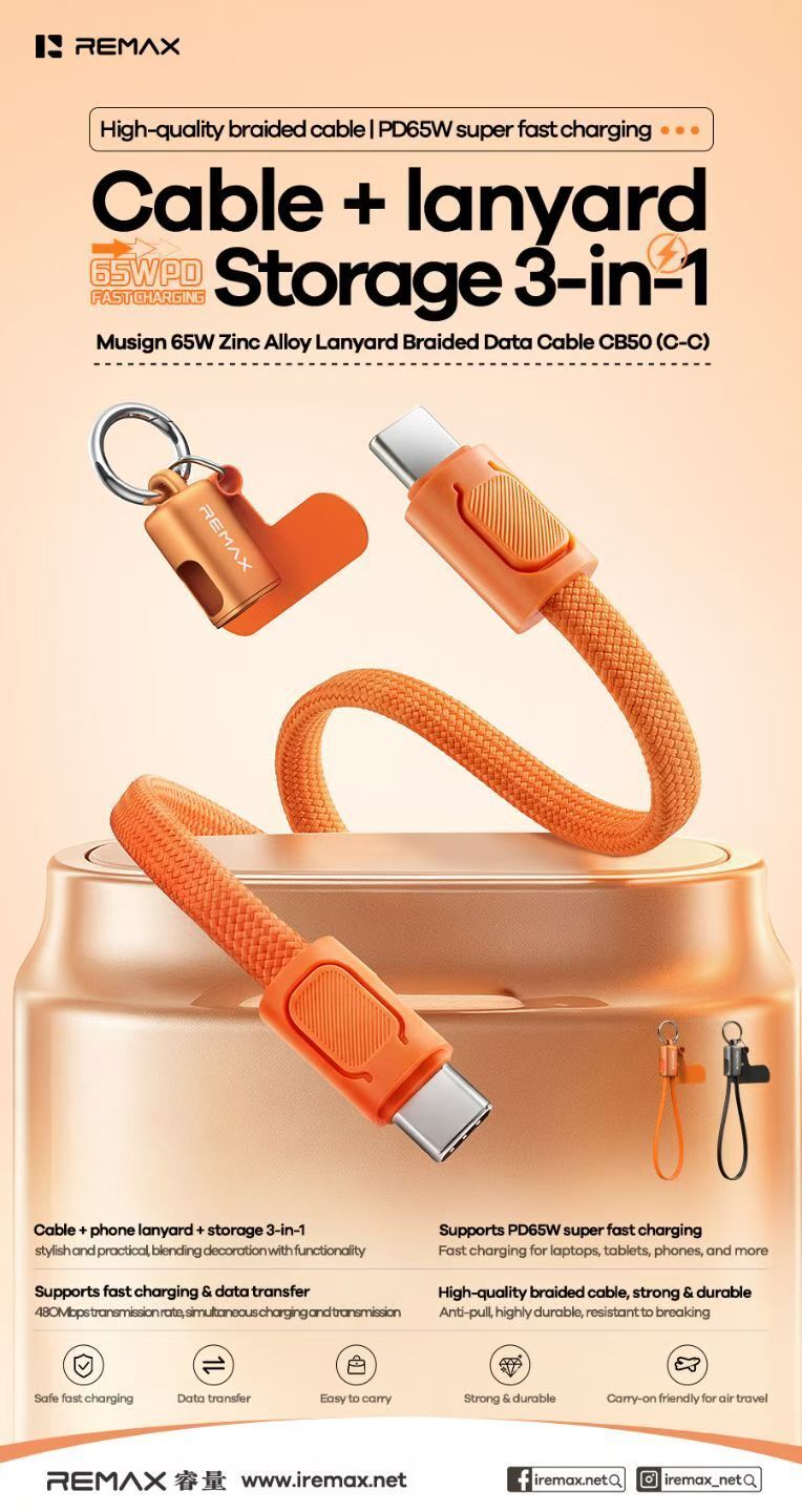 REMAX Musign 65W Zinc Alloy  Lanyard Braided Data Cable   0.3M CB50 (C-C)