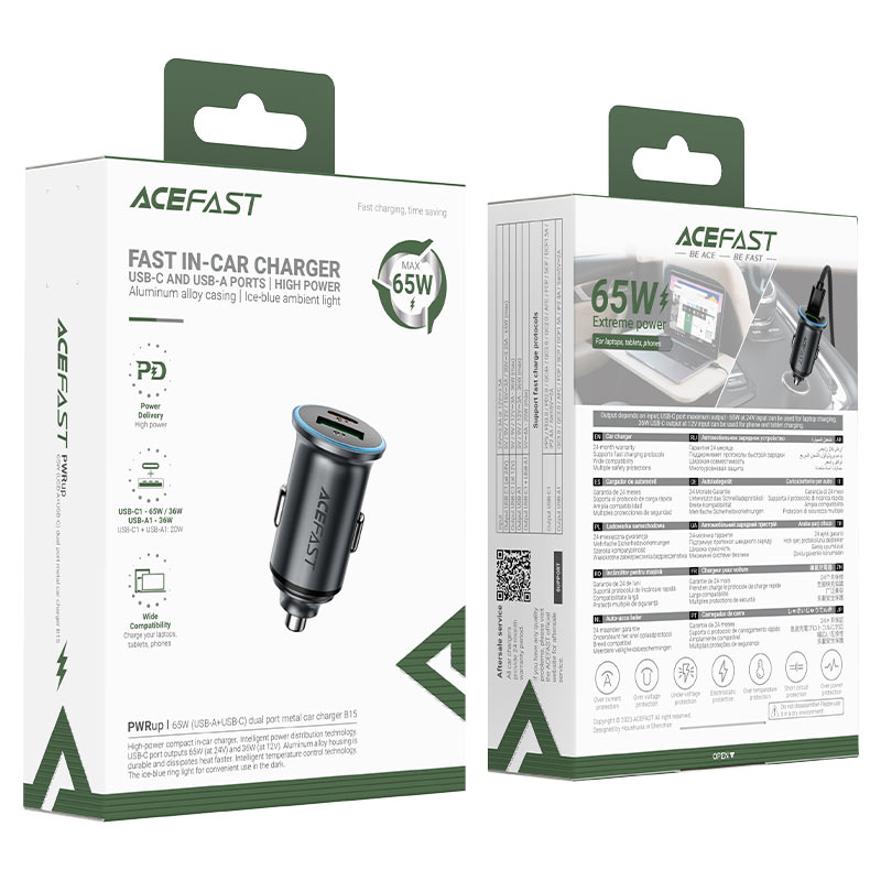 ACEFAST Fast Charge Car Charger B15 65W (1xUSB-C + 1xUSB-A)