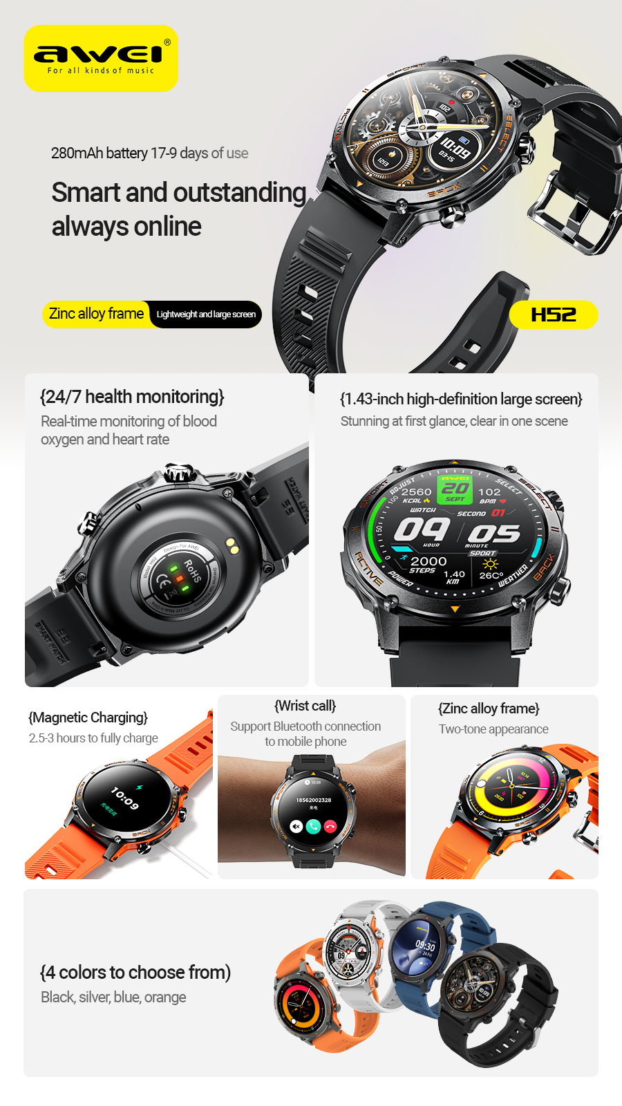 AWEI H52 Bluetooth Call Smart Watch