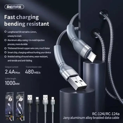 REMAX Jany Series Aluminum Alloy Braided  2.4A Data Cable RC-124m/i/a
